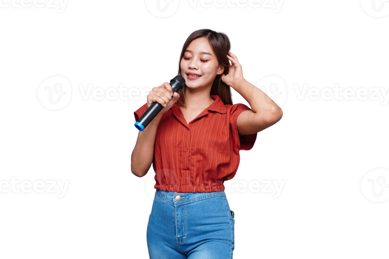 Beautiful Asian Woman Singing and Holding Microphone Eyes Closed png