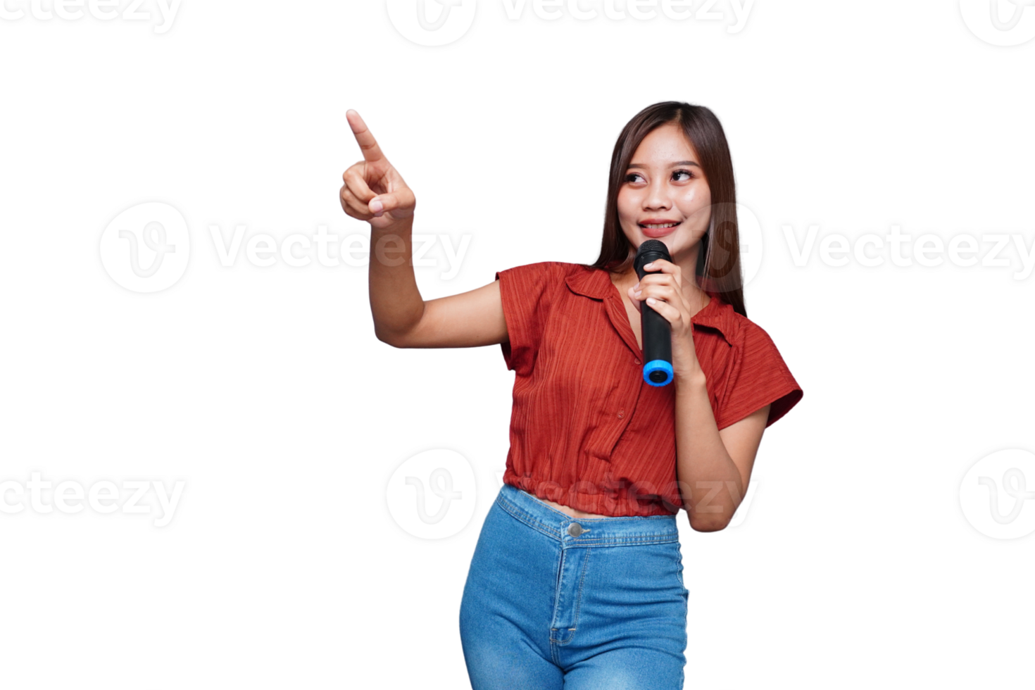 Beautiful Asian Woman Singing, Pointing Up, and Holding Microphone png