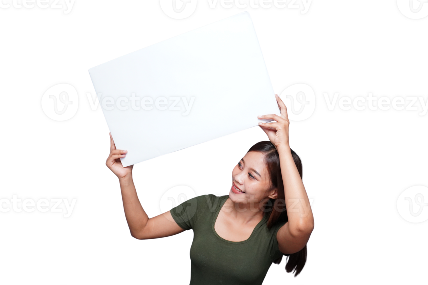 Beautiful Asian woman holding an empty board and smiling png