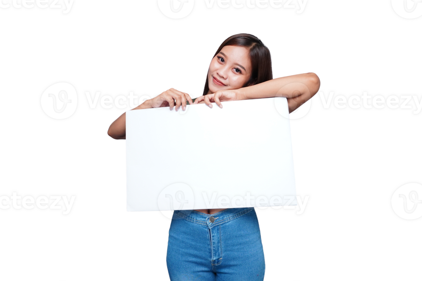 Beautiful Asian woman holding an empty board and smiling png
