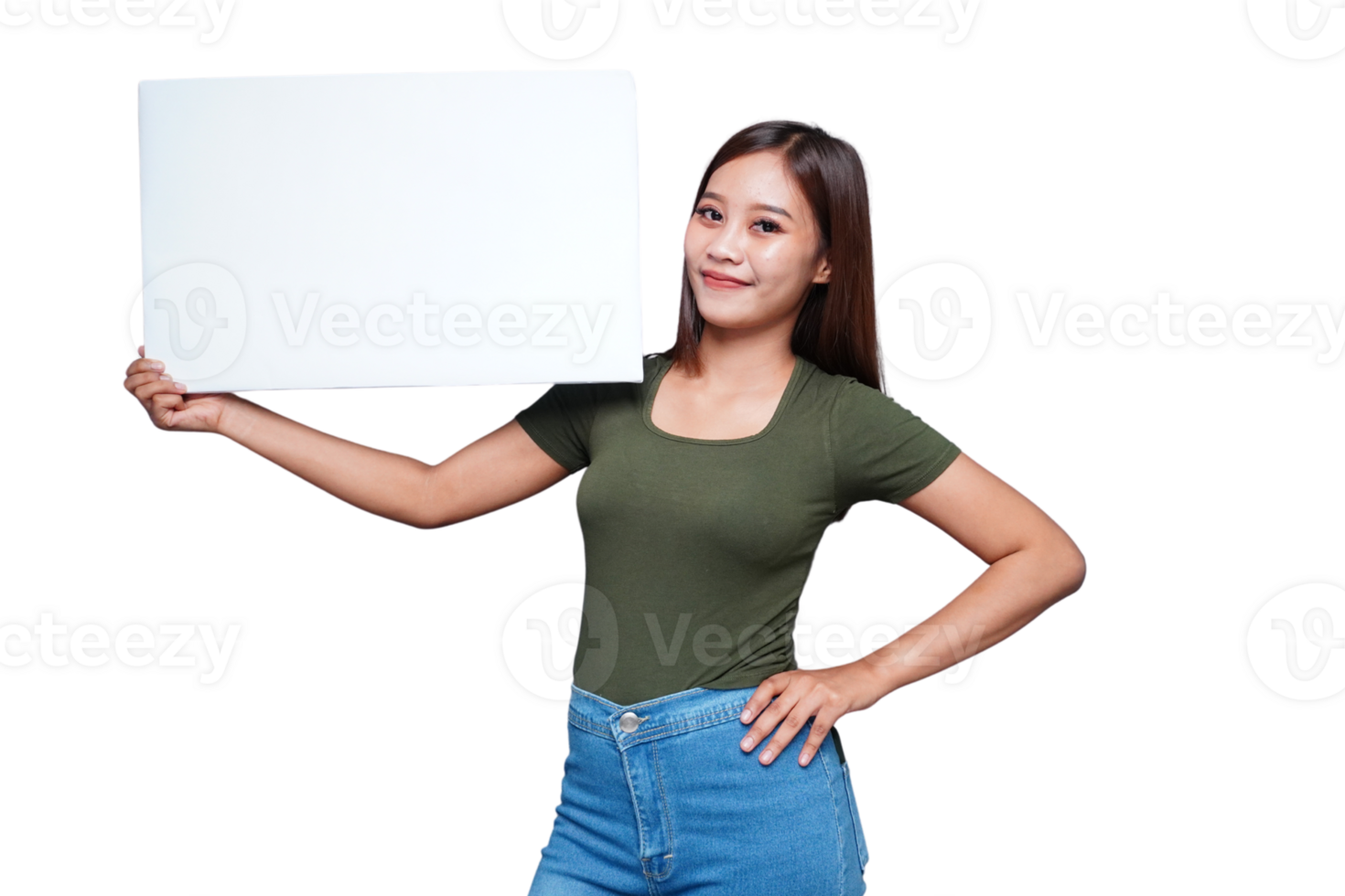 Beautiful Asian woman holding an empty board and smiling png