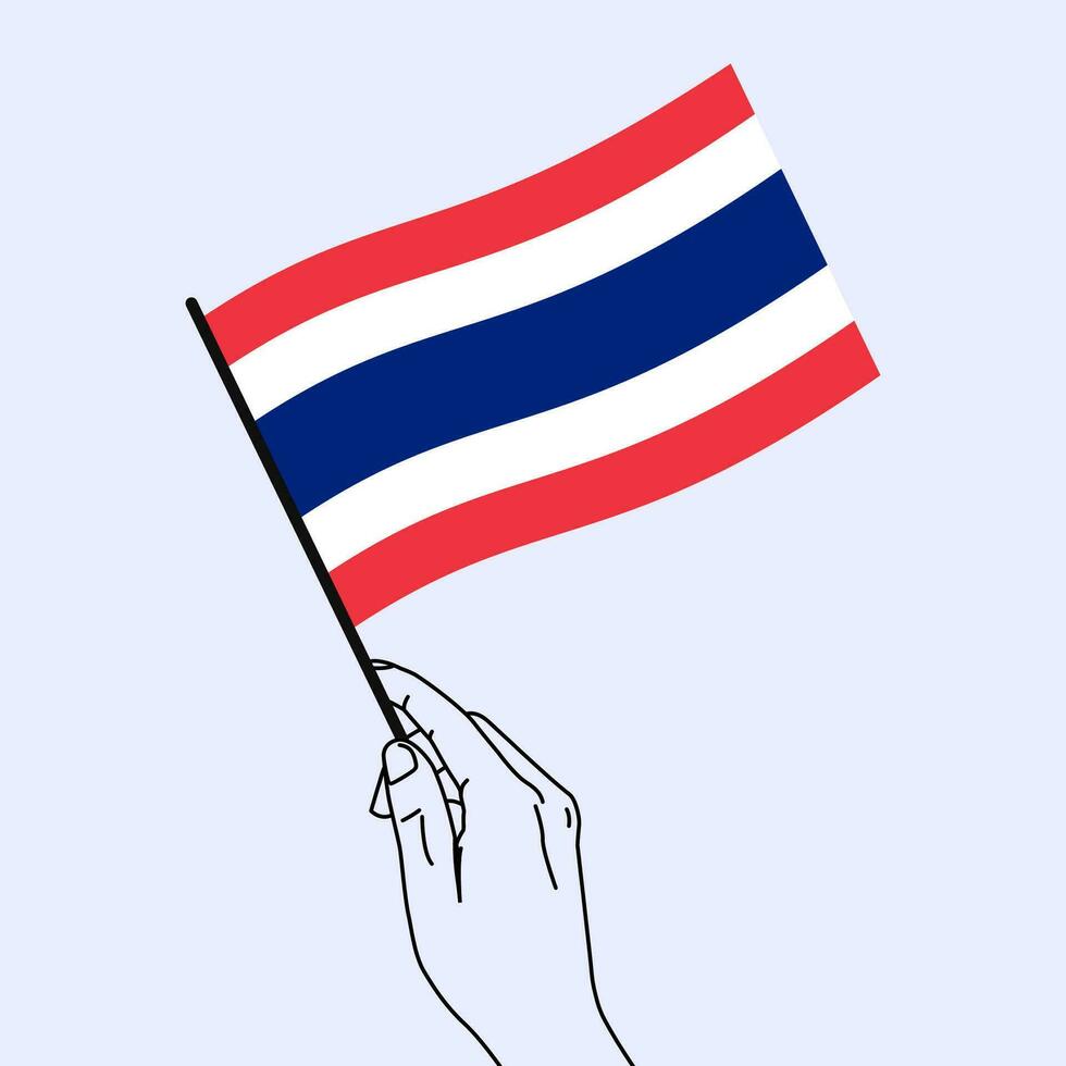 Woman hand holding Thailand flag in her hand with line art style. Vector illustration