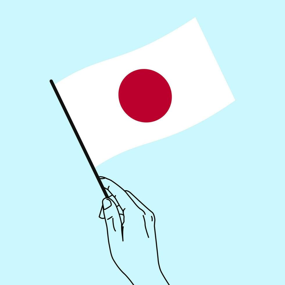 Woman hand holding Japanese flag in her hand with line art style. Vector illustration