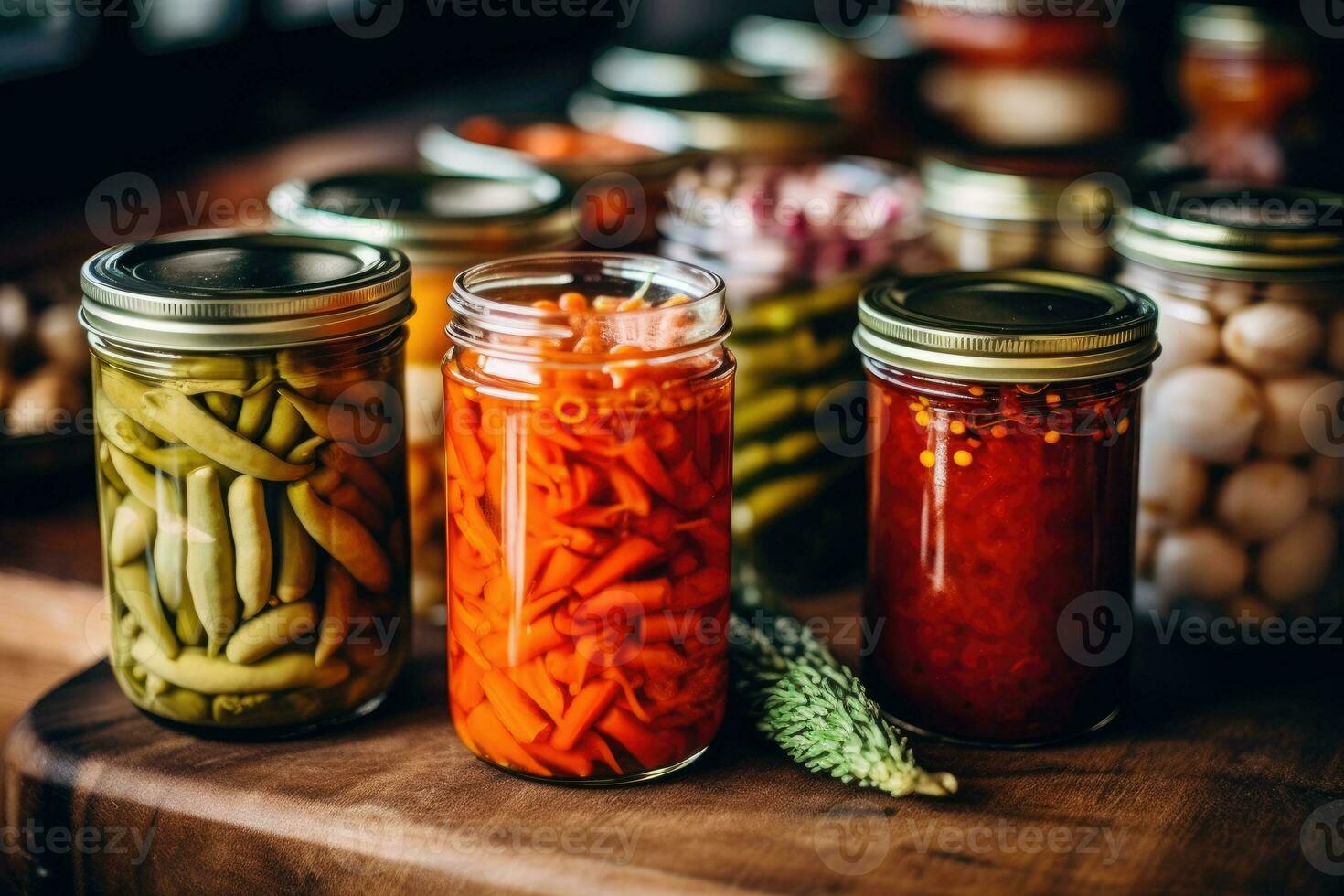 Enlatado vegetales en el cocina mesa comida fotografía ai generado foto