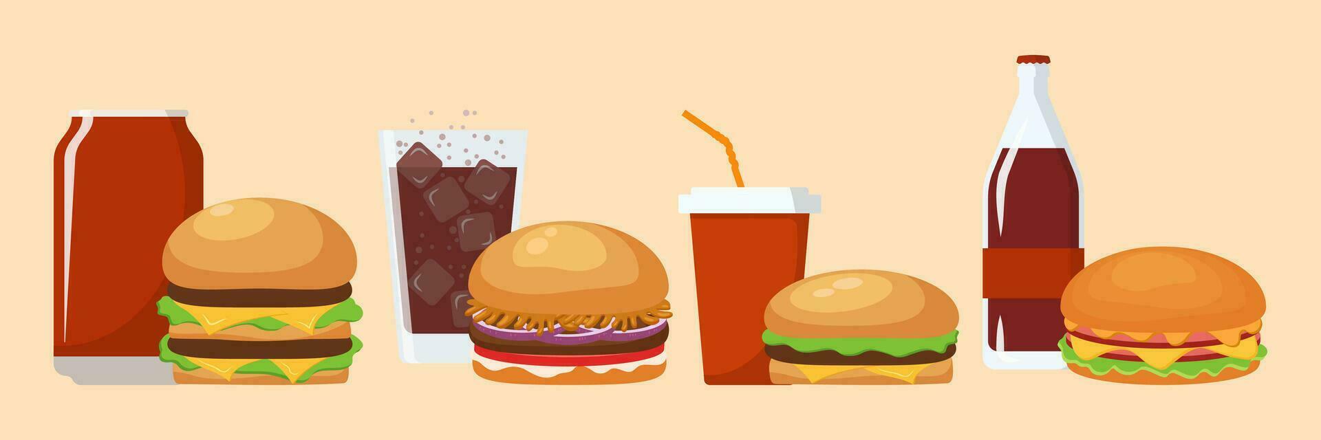 hamburguesa y soda, frío bebida o café. vector ilustración colocar.