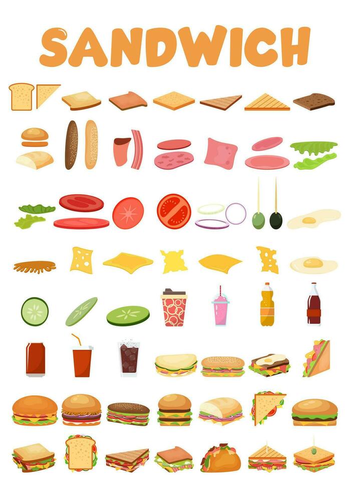 hamburguesas y emparedado colocar. ingredientes bollos, queso, tocino, tomate, cebolla, lechuga, pepinos pepinillo cebollas carne de res jamón vector ilustración.