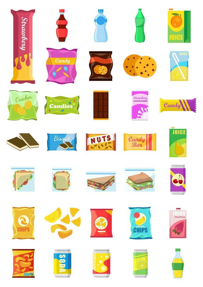 Snack product set, fast food snacks, drinks, nuts, chips, cracker, juice, sandwich isolated on white background. Unhealthy junk food. Flat illustration in vector. vector