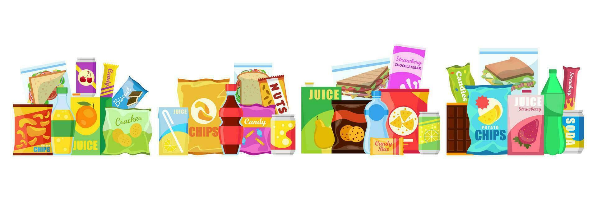 Snack product set, fast food snacks, drinks, nuts, chips, cracker, juice, sandwich isolated on white background. Unhealthy junk food. Flat illustration in vector. vector