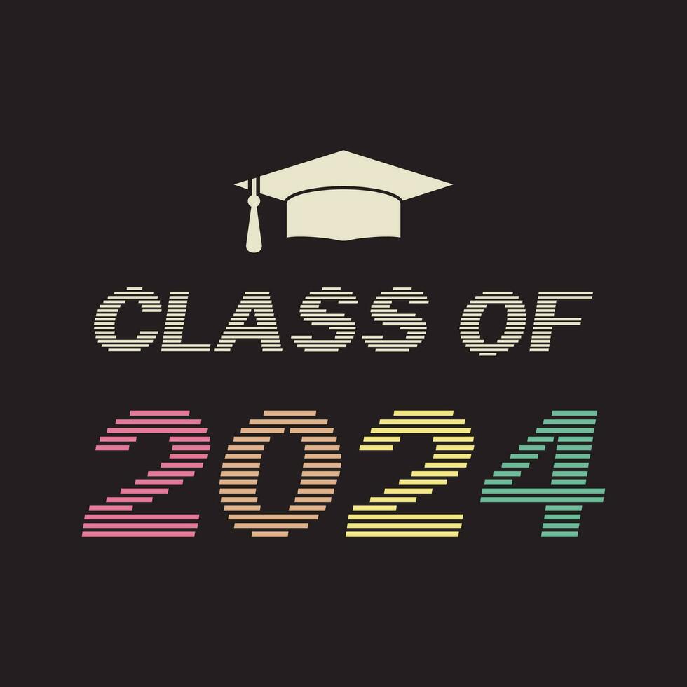 Class of 2024 t shirt design. Class of 2024, word lettering script banner. Congrats Graduation lettering with academic cap. Template for design party high school or college, graduate invitations. vector