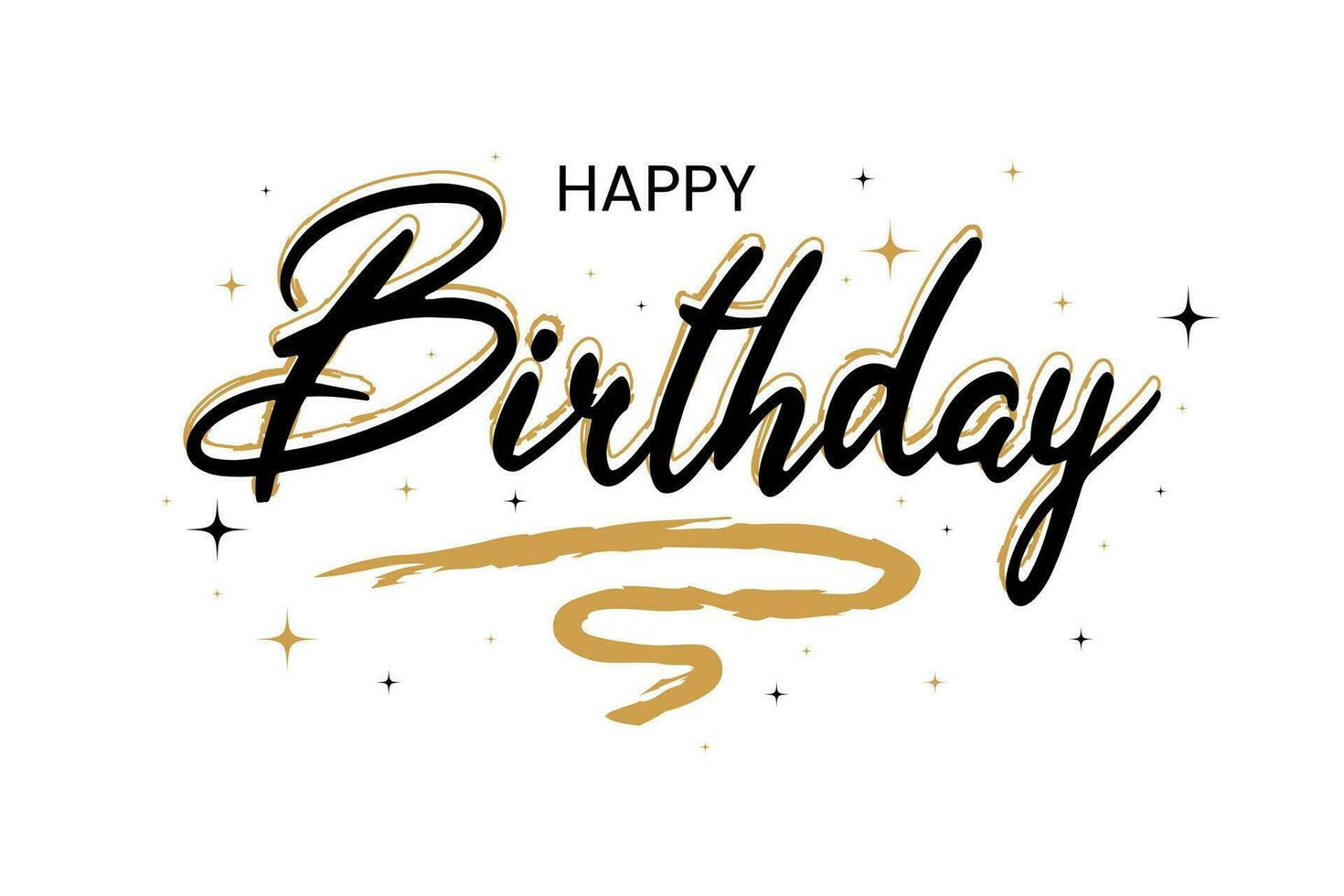 Happy Birthday. Beautiful greeting card scratched calligraphy black text word gold stars. Handwritten modern brush lettering for T-shirt print design. vector