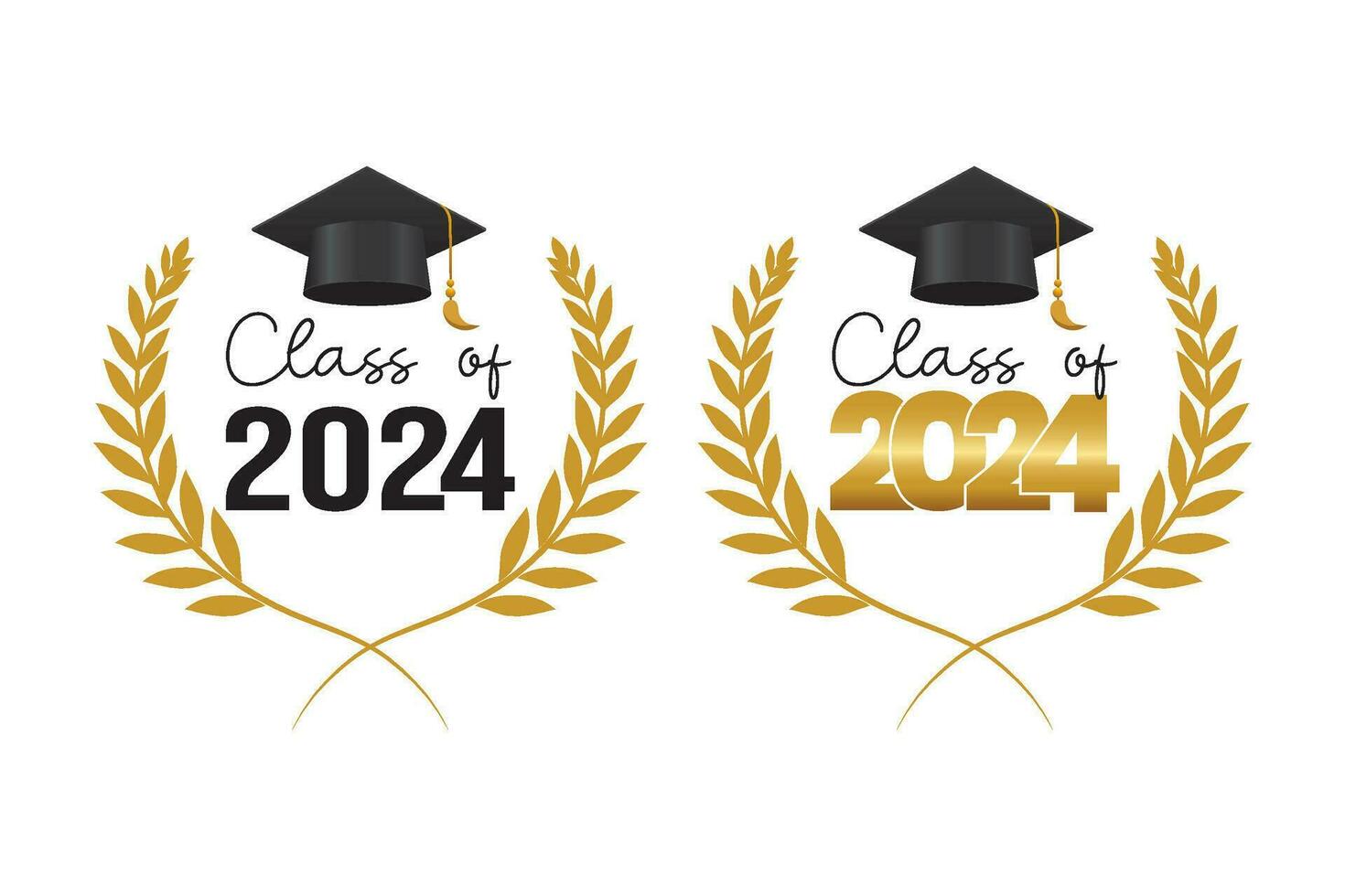 clase de 2024 graduación diseño plantilla, conjunto graduación gorra con laurel guirnalda en oro color vector