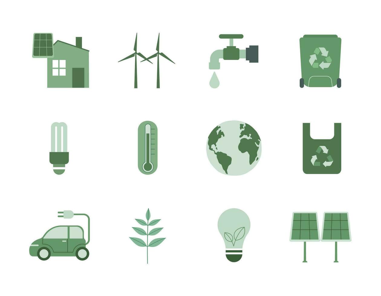 Set of green ecology flat icons, Alternative green energy resources, Usable for branding and nature logo, ecology nature element concepts. Vector design illustration.