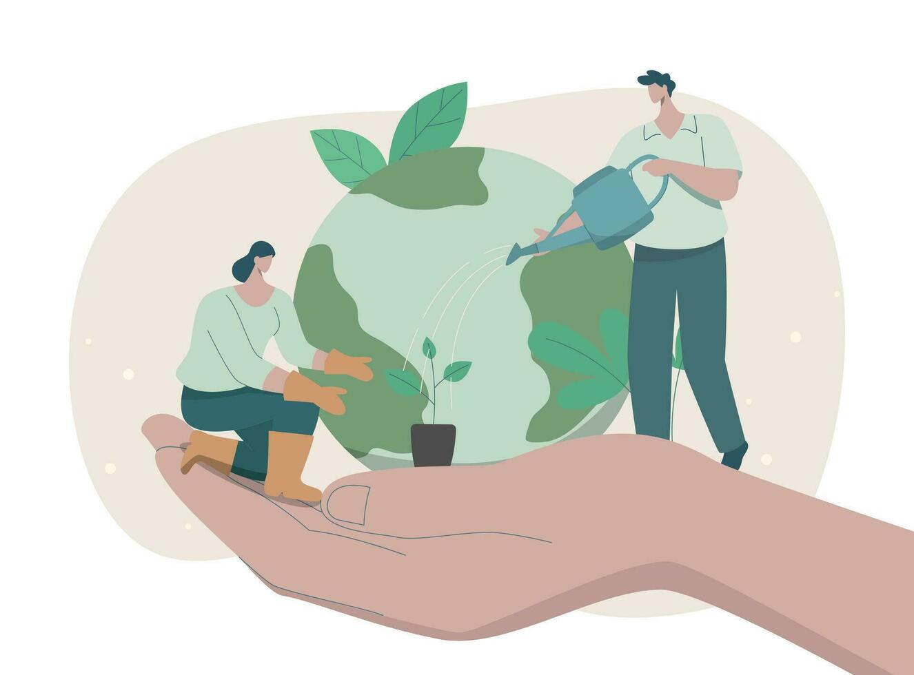 Eco friendly sustainable, Hand holding globe, Caring people planting trees and watering, climate change problem concepts. Vector design illustration.