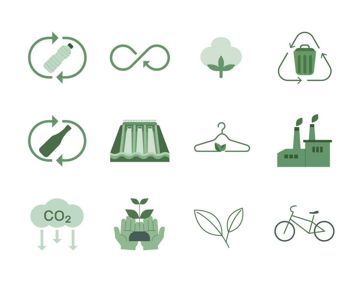 Set of green ecology flat icons, Alternative green energy resources, Usable for branding and nature logo, ecology nature element concepts. Vector design illustration.