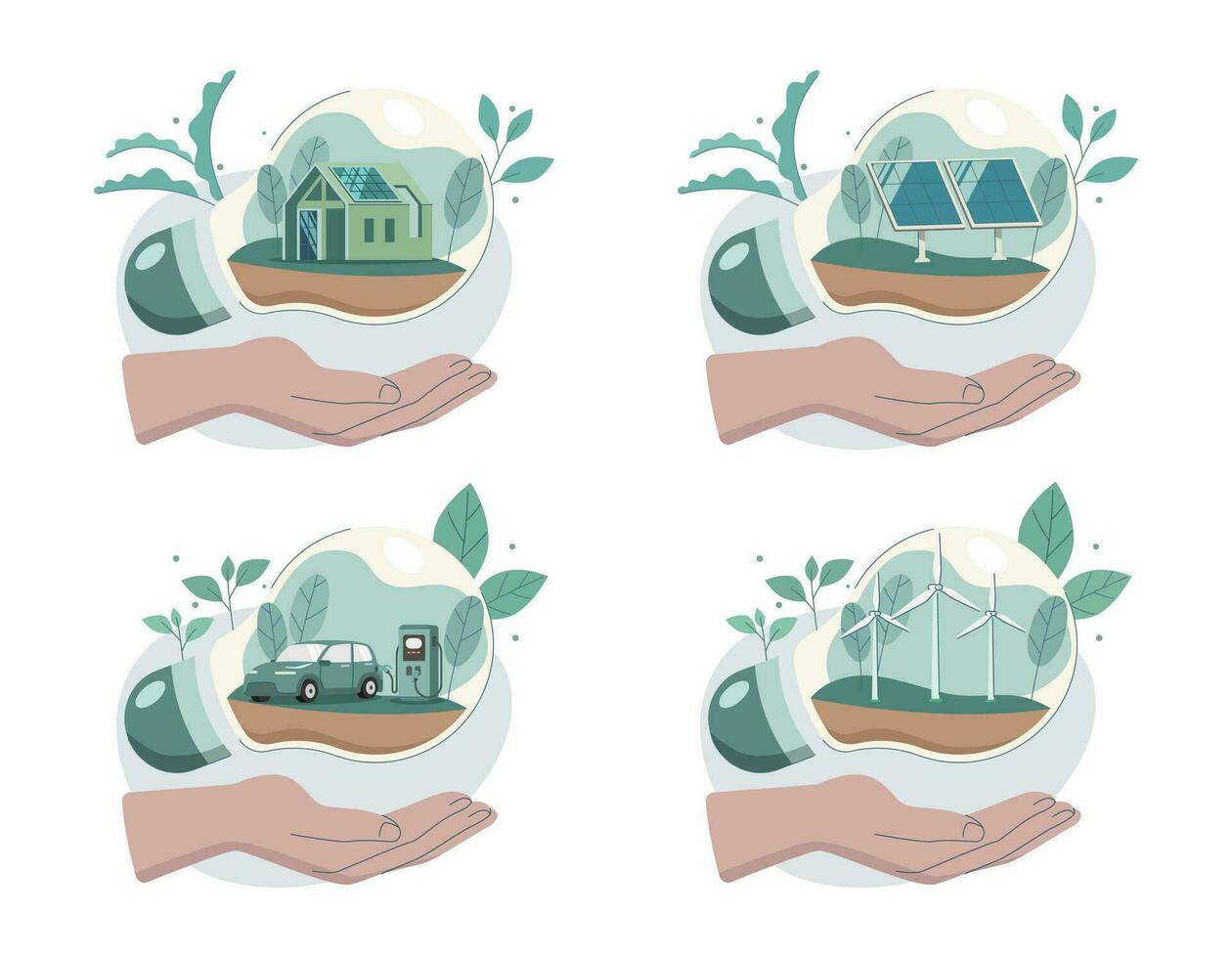 eco simpático sostenible, conjunto de mano participación ligero bulbo con alternativa energía, clima cambio problema conceptos. vector diseño ilustración.