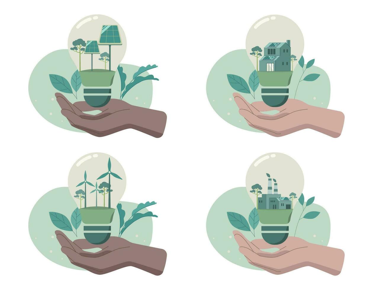 Eco friendly sustainable, Set of Hand holding light bulb with alternative energy, climate change problem concepts. Vector design illustration.
