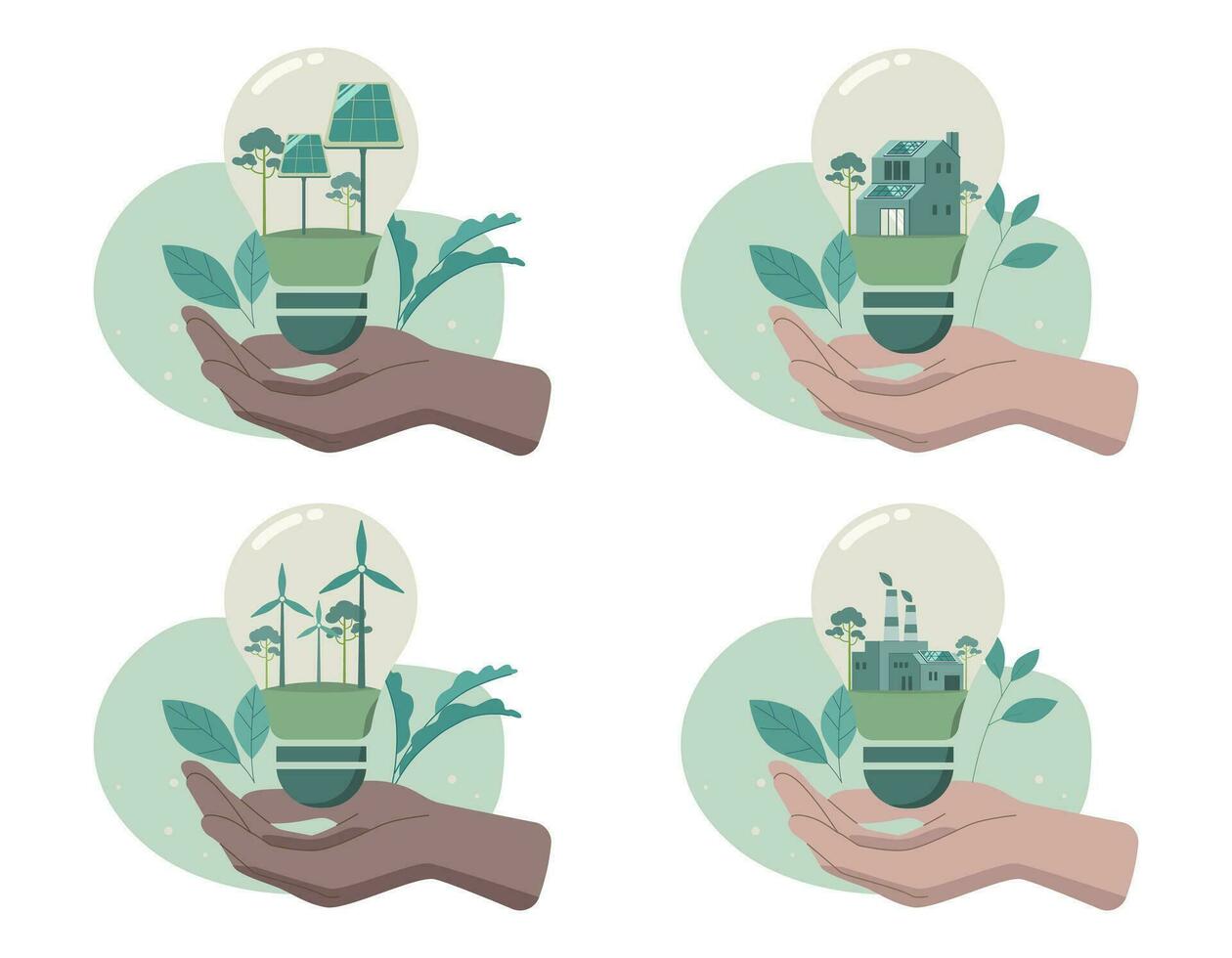 eco simpático sostenible, conjunto de mano participación ligero bulbo con alternativa energía, clima cambio problema conceptos. vector diseño ilustración.