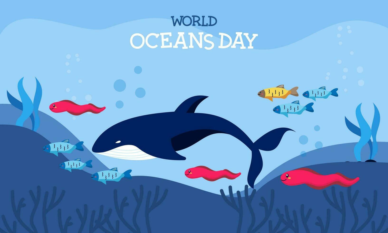 World ocean day cartoon illustration with underwater scenery dedicated vector