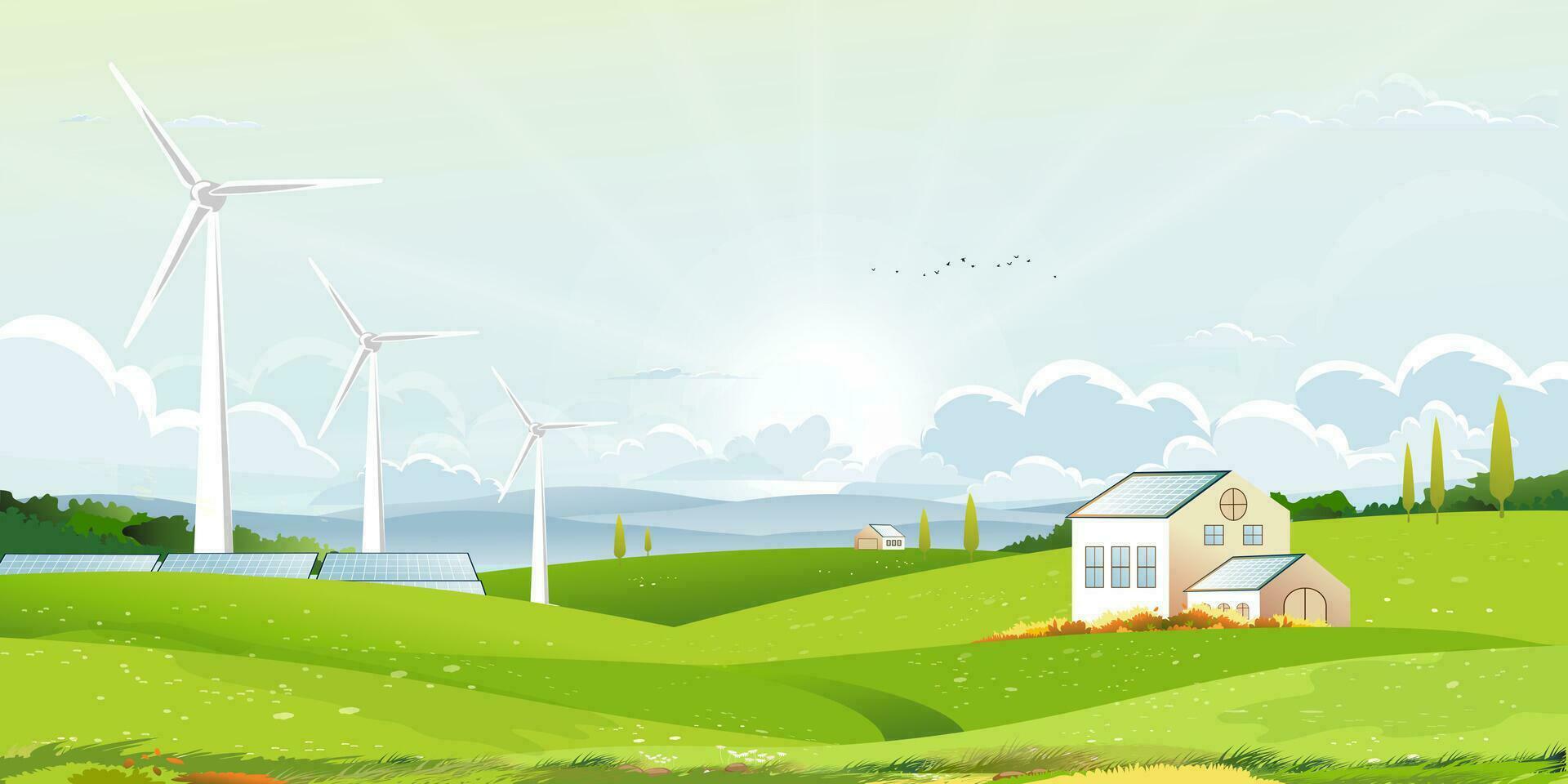 Spring green fields landscape with sun over mountain, blue sky and clouds background,Vector Rural natural with Solar panel wind turbines installed as renewable station energy sources for electricity vector