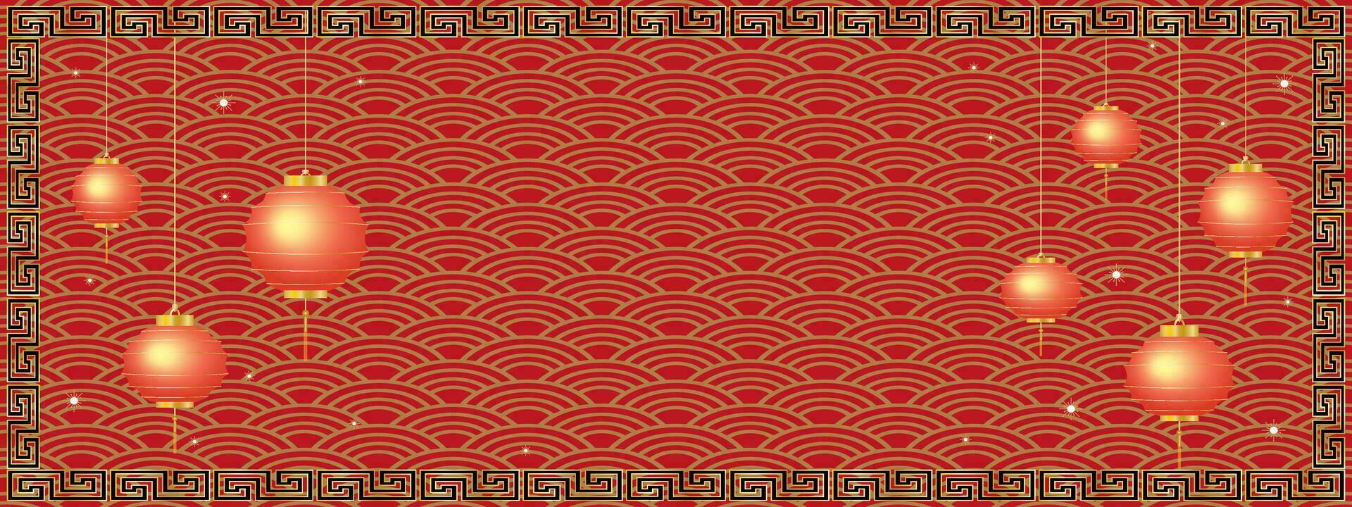 Chinese New Year lunar decoration on gold wave pattern,Vector Japanese street traditional 3d red lamps festive ornament for Asian new year banner background,Web cover or Envelope vector
