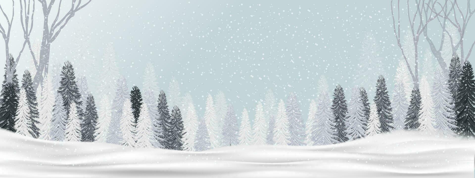 Navidad antecedentes con hermosa invierno paisaje escena Nevado en bosque con nieve cubierto abetos, coníferas bosque, vector bandera fiesta festivo, venta, promoción, saludo tarjeta, sitio web encabezado, cartel