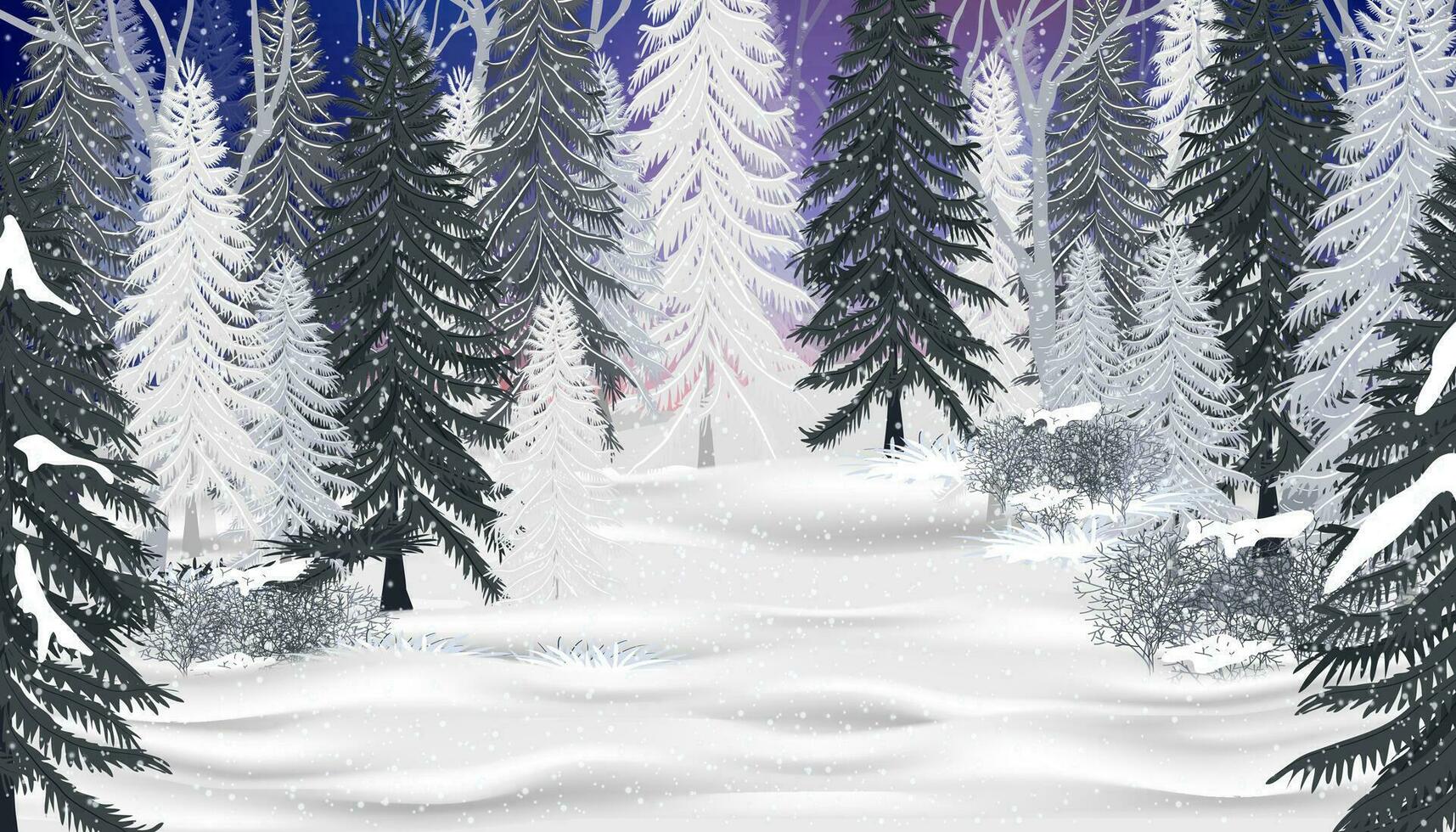 Navidad antecedentes con hermosa invierno paisaje escena Nevado en bosque con nieve cubierto abetos, conífero bosque cayendo copos de nieve brillo, vector bandera para nuevo año vacacionesfondo