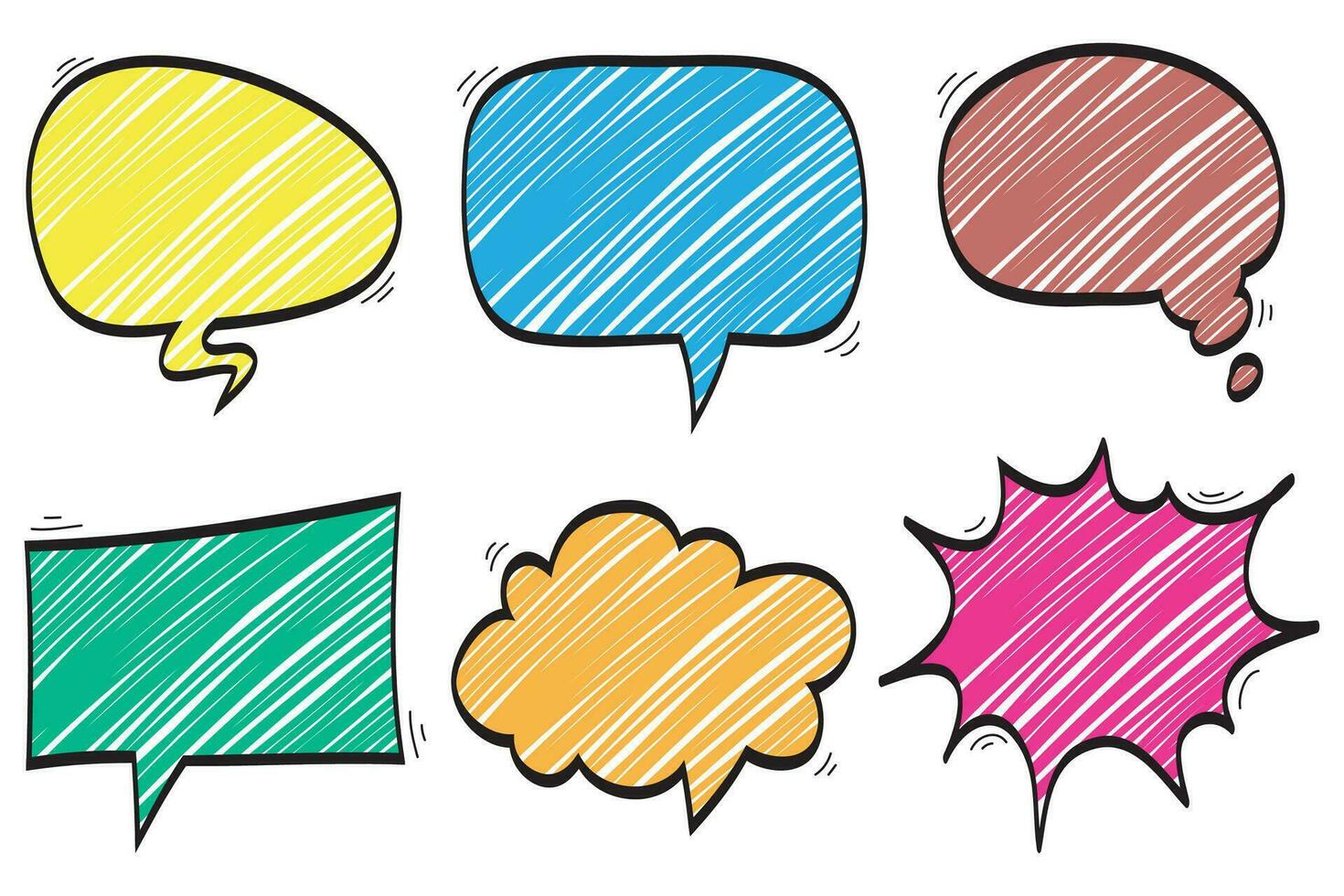 Set of isolated hand drawn speech bubbles. colored doodles, Doodle set elements. Vector illustration.