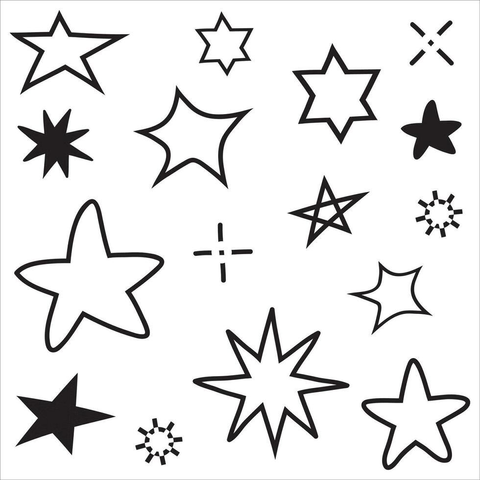 Set of black hand drawn doodle stars in isolated on white background. vector