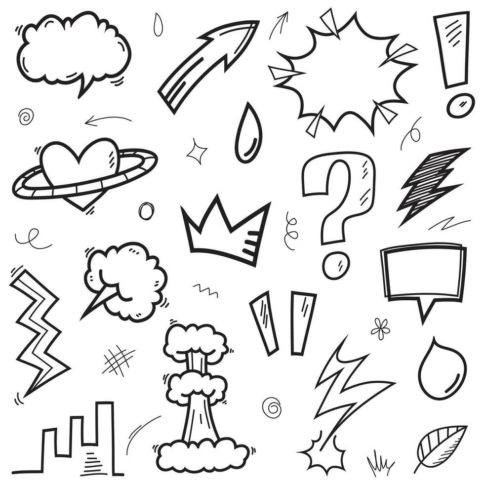 Conjunto de vectores de doodle de signo de expresión de dibujos animados dibujados a mano, flechas direccionales de curva, elementos de diseño de efectos de emoticonos, símbolos de emoción de personaje de dibujos animados, lindas líneas de trazo de pincel decorativo.