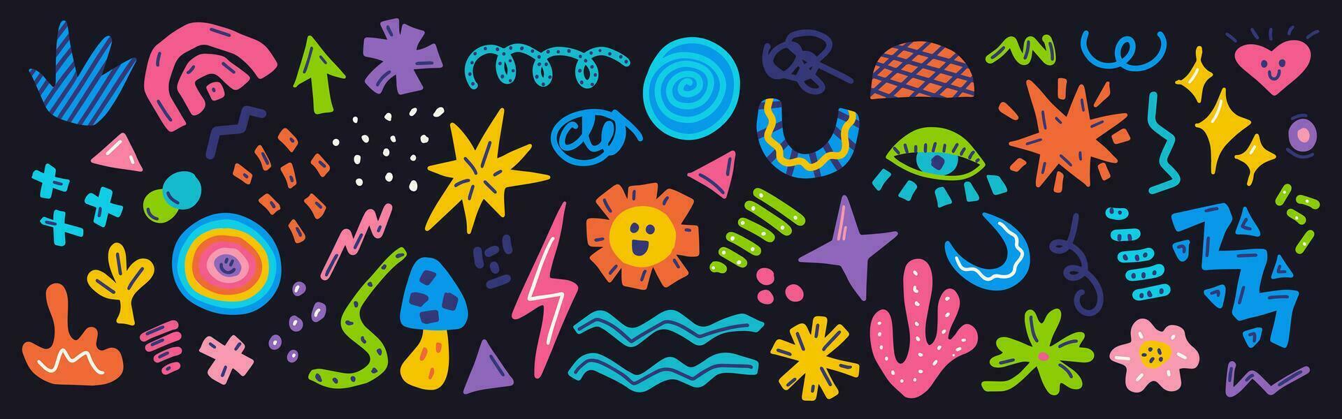 Set colorful various hand drawn shapes and doodle objects, abstract elements for modern design, vector illustration