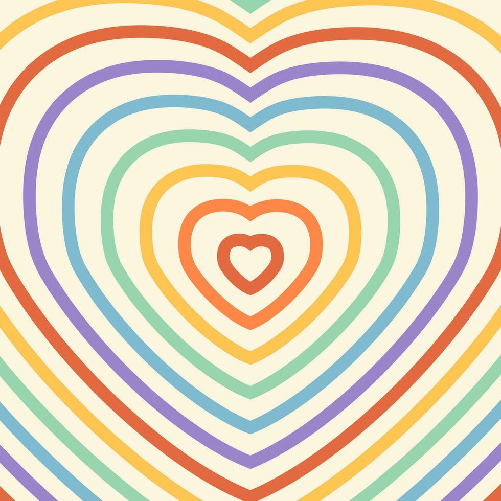 Psychedelic retro groovy background with shapes hearts. Rainbow colors stripes on beige backdrop. Heart shaped tunnel design. Trendy square banner template for social media vector