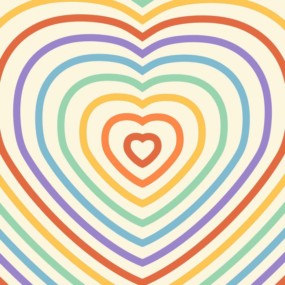 psicodélico retro maravilloso antecedentes con formas corazones. arco iris colores rayas en beige fondo. corazón conformado túnel diseño. de moda cuadrado bandera modelo para social medios de comunicación vector