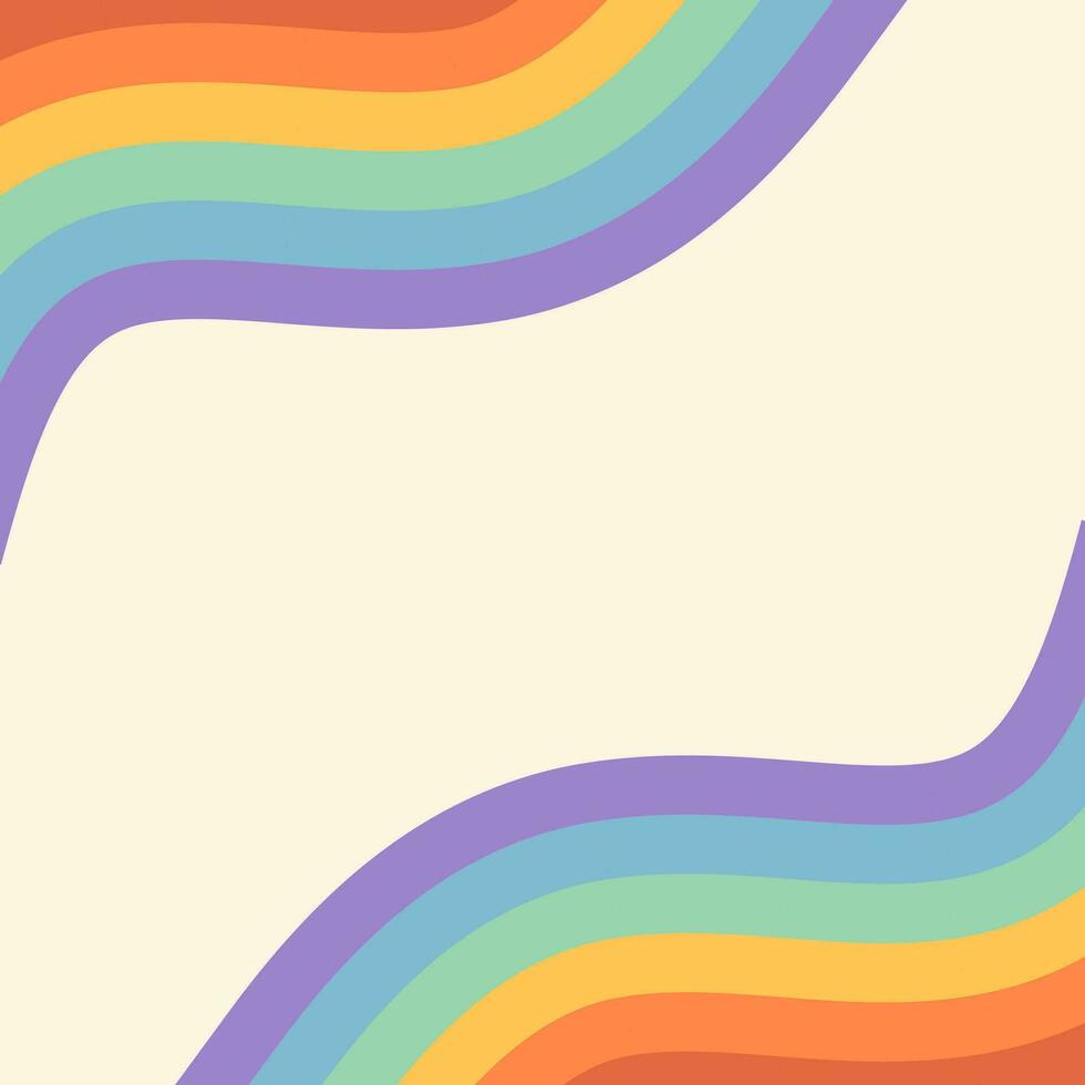 Retro abstract background with groovy rainbow waves and copy space in centre. Funky square vector template in doodle style for cover, banner, posters, social media posts