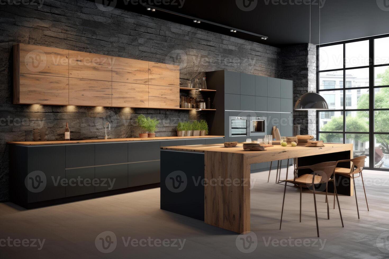 stock photo of modern wood black kitchen ultra