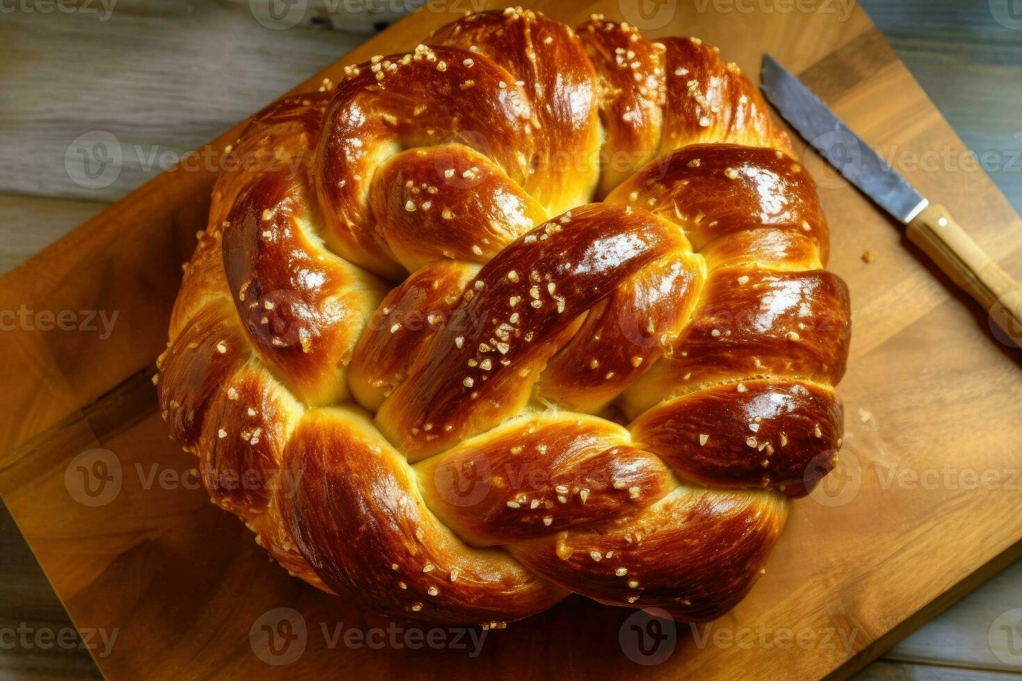 stock photo of challah bread in kitchen table flat lay AI Generated