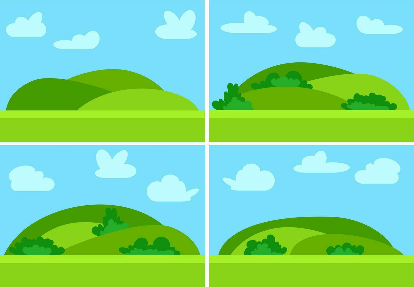 Set of four images with natural cartoon landscapes in the flat style with green hills, blue sky and clouds at sunny day. Vector illustration