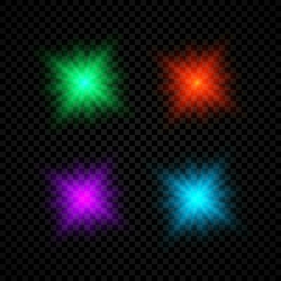 Light effect of lens flares. Set of four green, red, purple and blue glowing lights starburst effects with sparkles on a dark vector