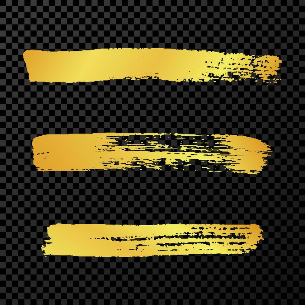 Gold grunge brush strokes. Set of three painted ink stripes. Ink spot isolated on dark vector