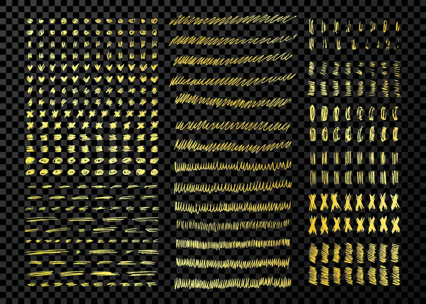 Set of doodle style various marker borders, wavy lines and strokes. Gold hand drawn design elements on dark vector