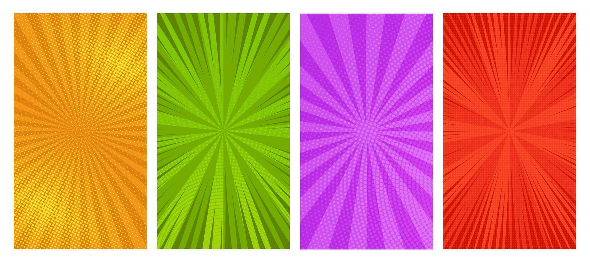 Set of four comic book pages backgrounds in pop art style with empty space. Template with rays, dots and halftone effect texture. Vector illustration