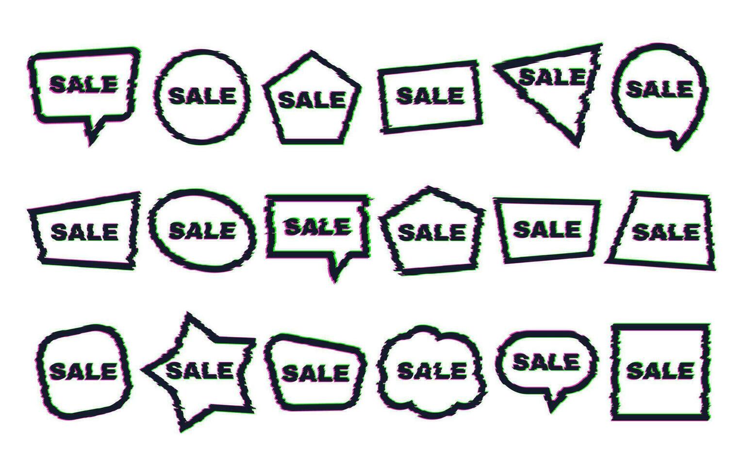 Set of eighteen geometric shapes and sale banners with glitch effect. Distortion frames on white background. Vector illustration