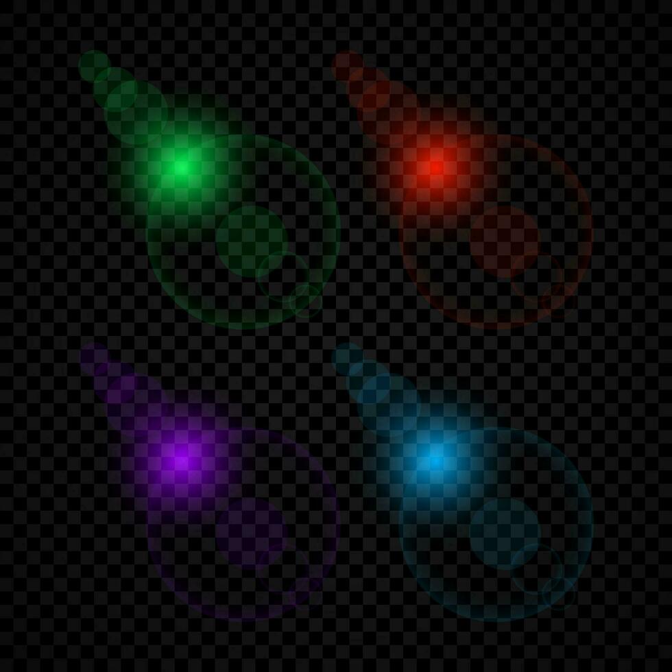 Light effect of lens flares. Set of four green, red, purple and blue glowing lights starburst effects with sparkles on a dark vector