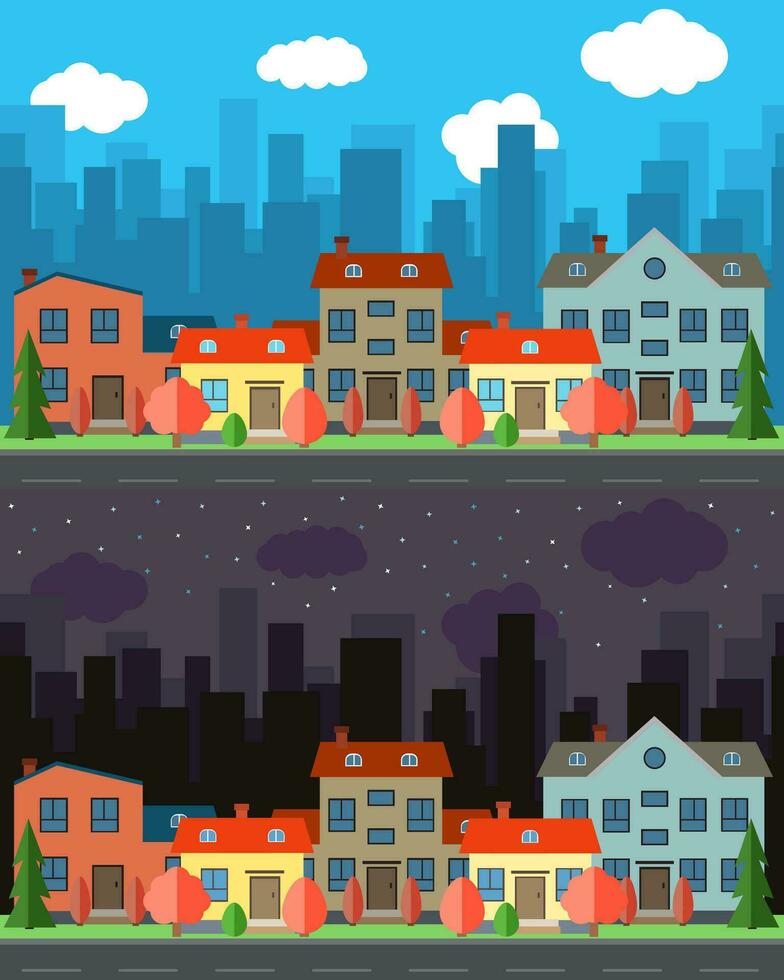 Vector city with five one and two-story cartoon houses in the day and night. Summer urban landscape. Street view with cityscape on a background