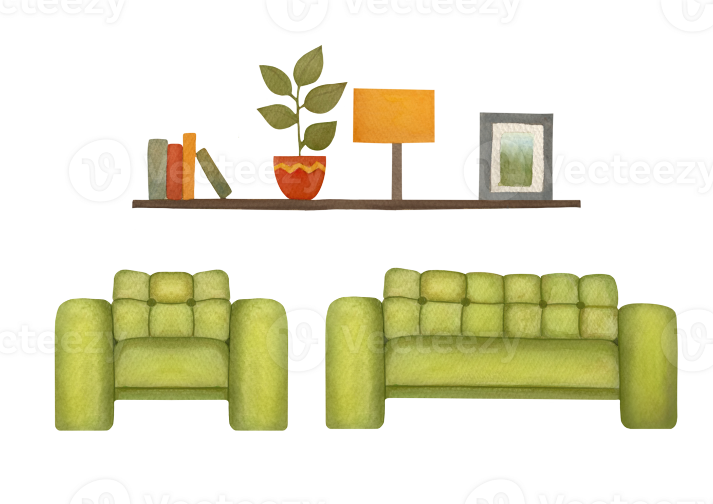 green upholstered sofa, armchair, book shelves. watercolor House plants, flowers, interior decor elements. Cozy furniture, fittings on transparent background. living room set of watercolor elements png