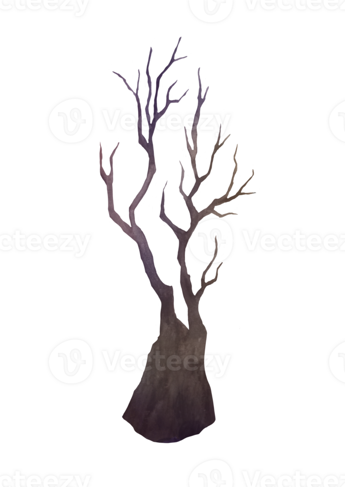 hand drawn Old bare withered dry tree isolated on transparent background. Single dead tree silhouette for greeting card, festive poster or party invitations of holiday evil spirit Halloween png