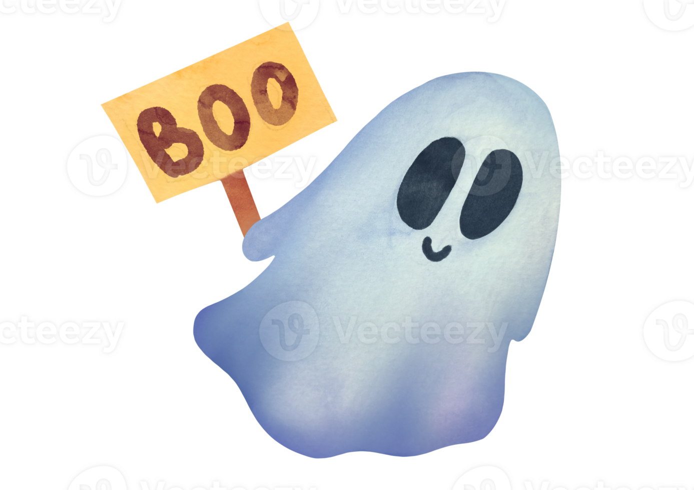 cute Ghost clipart on transparent background. Childish Watercolor hand drawn illustration for holiday cards, invitations to happy Halloween party. Kind funny ghost with frightening sign BOO png