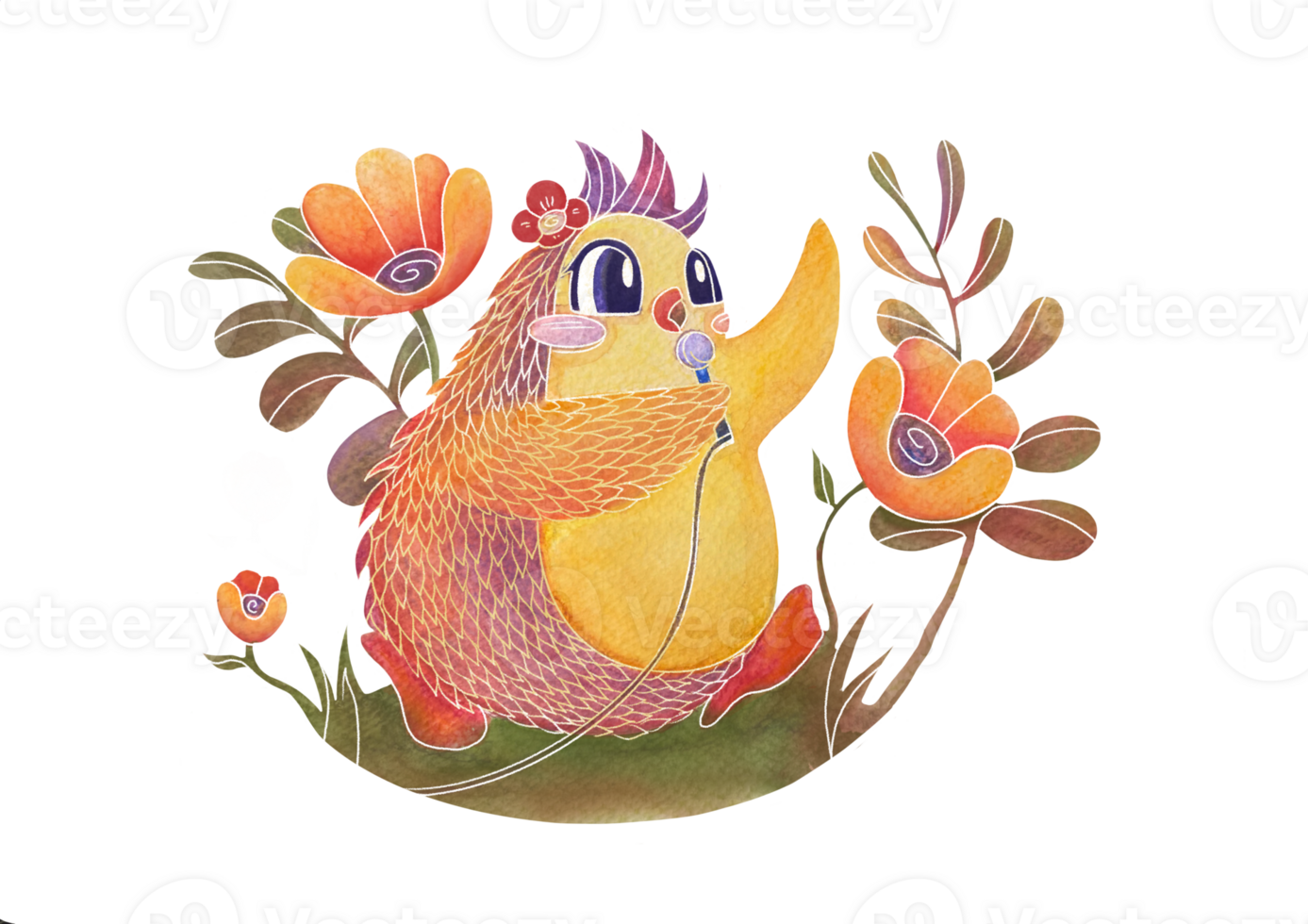 Watercolor cartoon bird on isolated transparent background. Happy joyful sings into microphone. postcard with children's musical character and clearing with flowers. song congratulations on holiday png