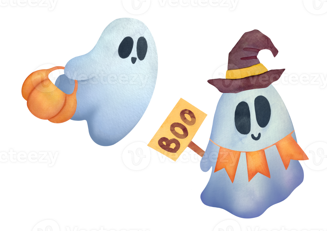 set of cute Ghost clipart on transparent background. Childish Watercolor hand drawn illustration for holiday cards, invitations to happy Halloween party. ghost with hat, pumpkin, frightening sign png