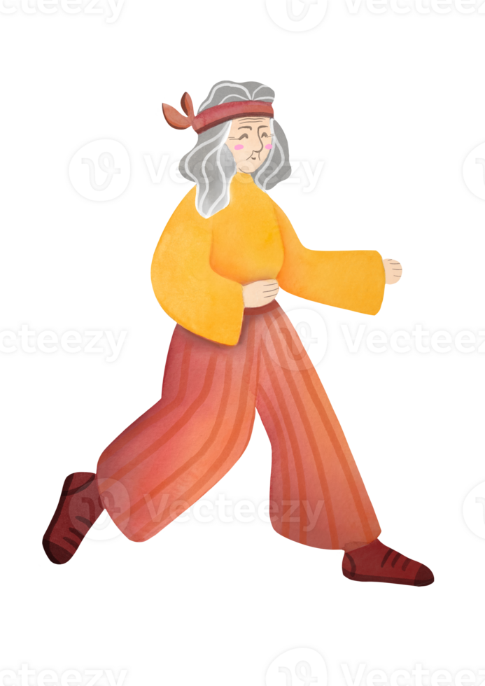 Watercolor illustration on transparent background. happy senior woman is enjoying jogging. Cardio exercises and running for seniors. concept of accessible environment and healthy lifestyle png