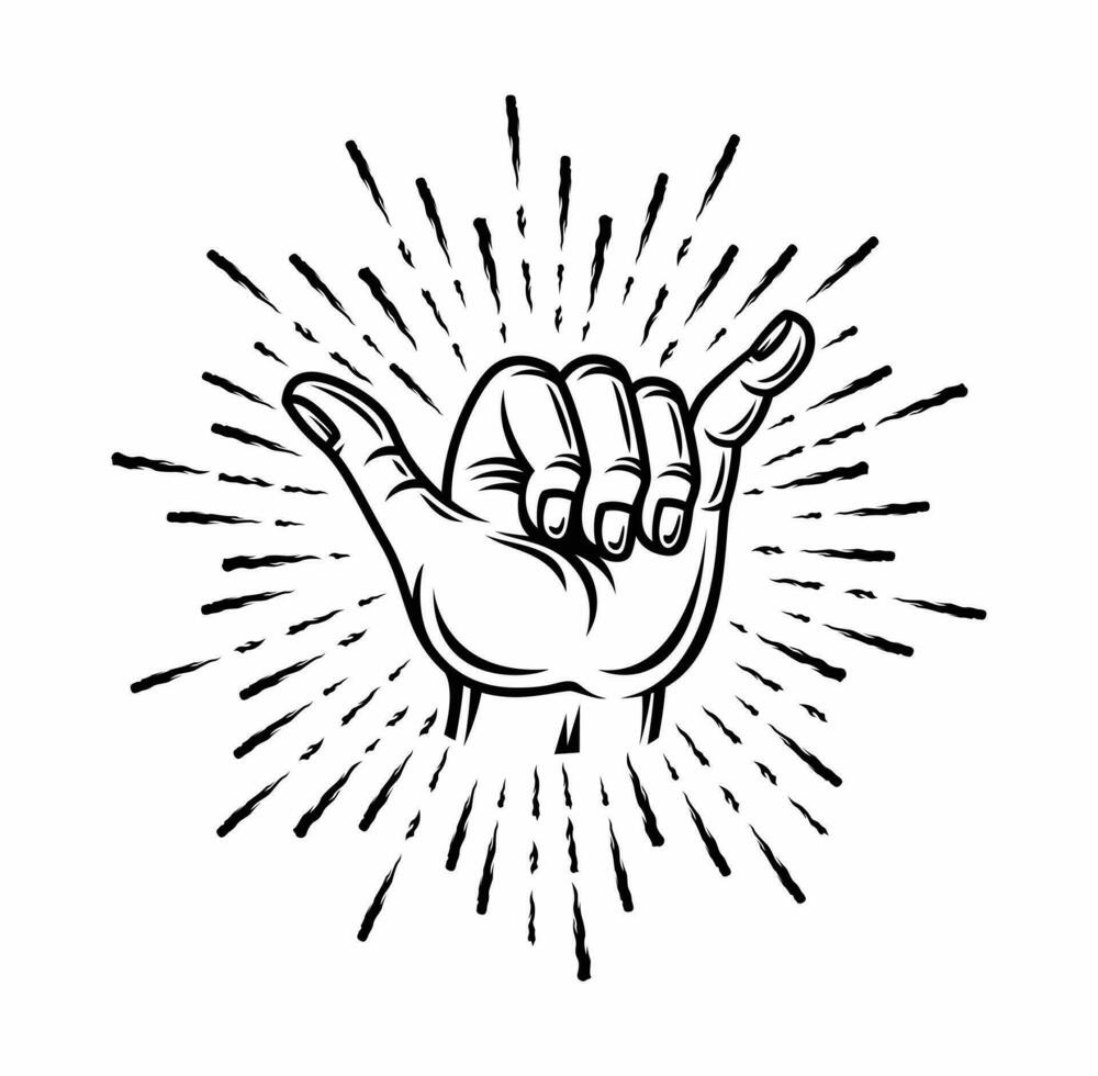 Vintage surfing shaka hand with retro sunburst. Graphic vector illustration.